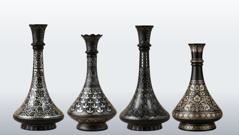 bidriware-types Bidriware Aftabi or Mahtabi, Teh-nashin or Taihnishan, Tarkashi, Zar-buland or Zar-nashin vase